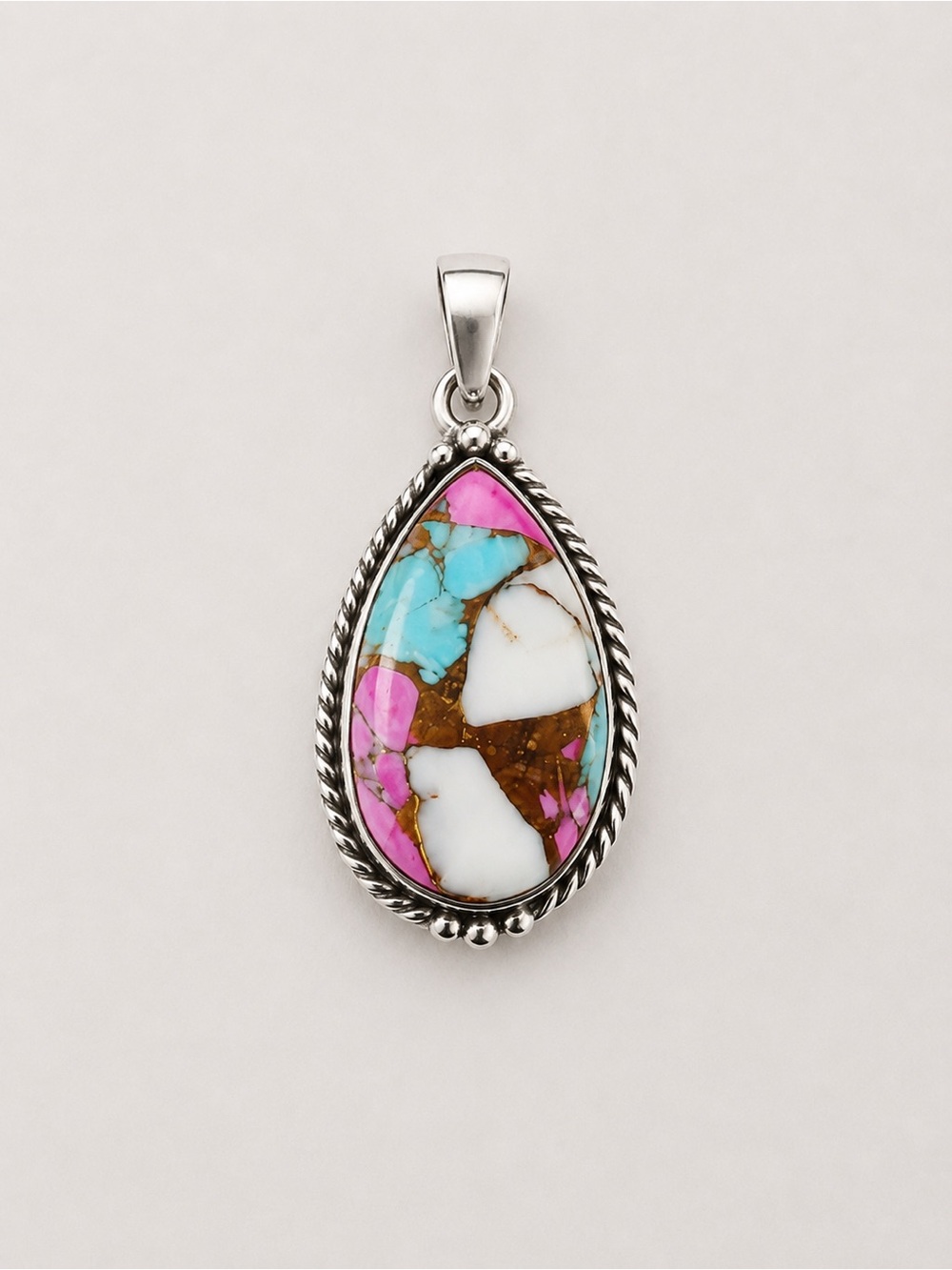 Silver Teardrop Multi-Color Inlay Pendant - Pink & Turquoise
